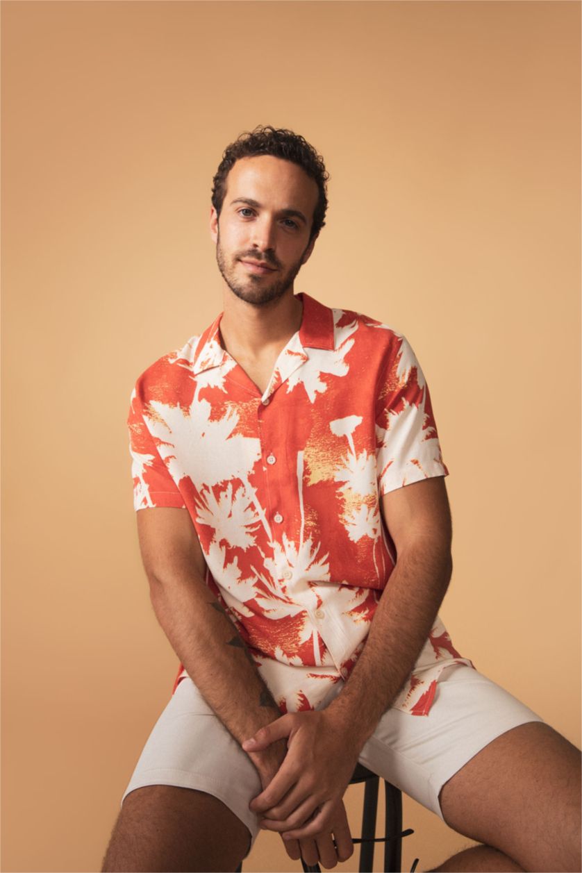 MAN Dark Orange Regular Fit Short Sleeve Palm Print Viscose Shirt