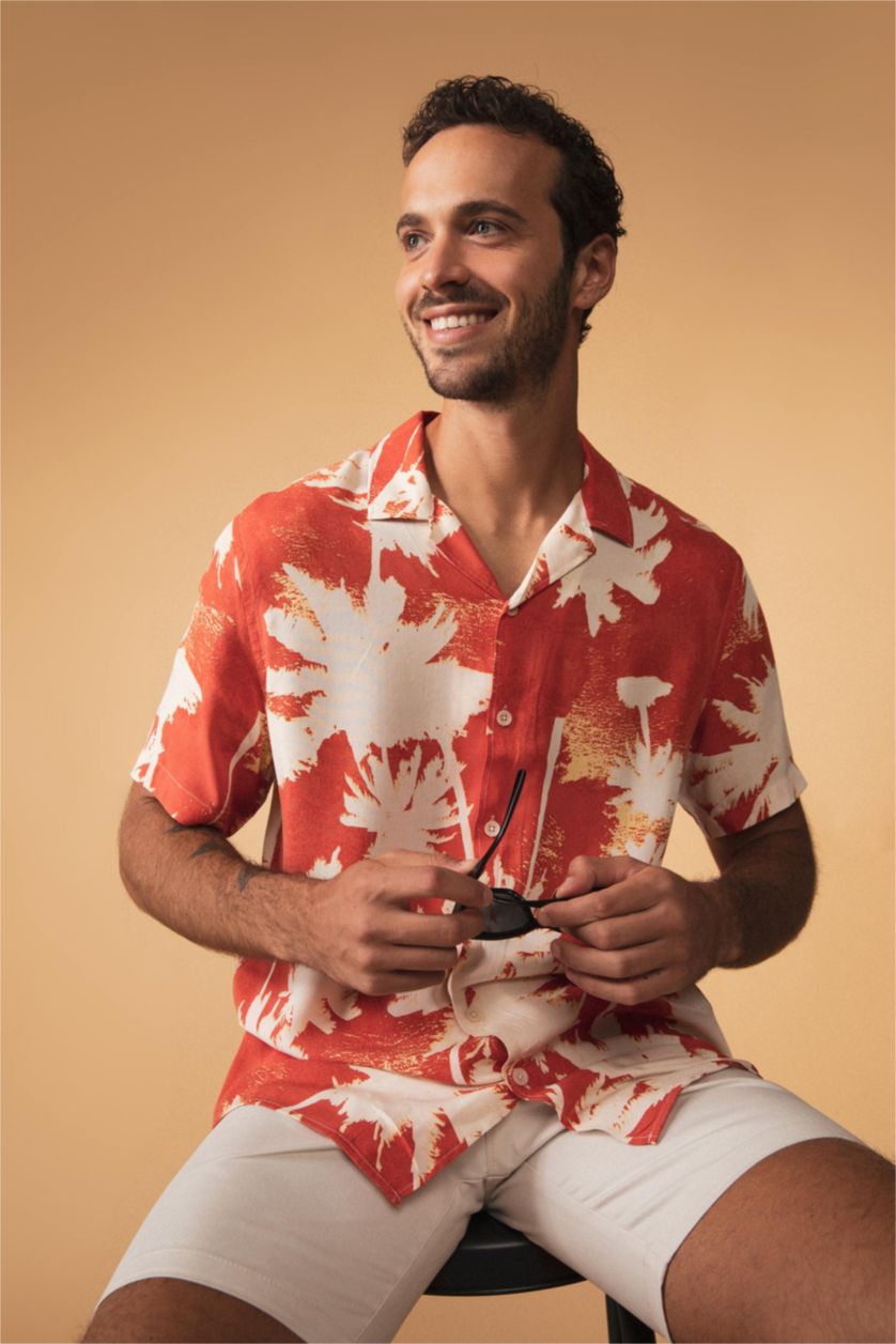 MAN Dark Orange Regular Fit Short Sleeve Palm Print Viscose Shirt