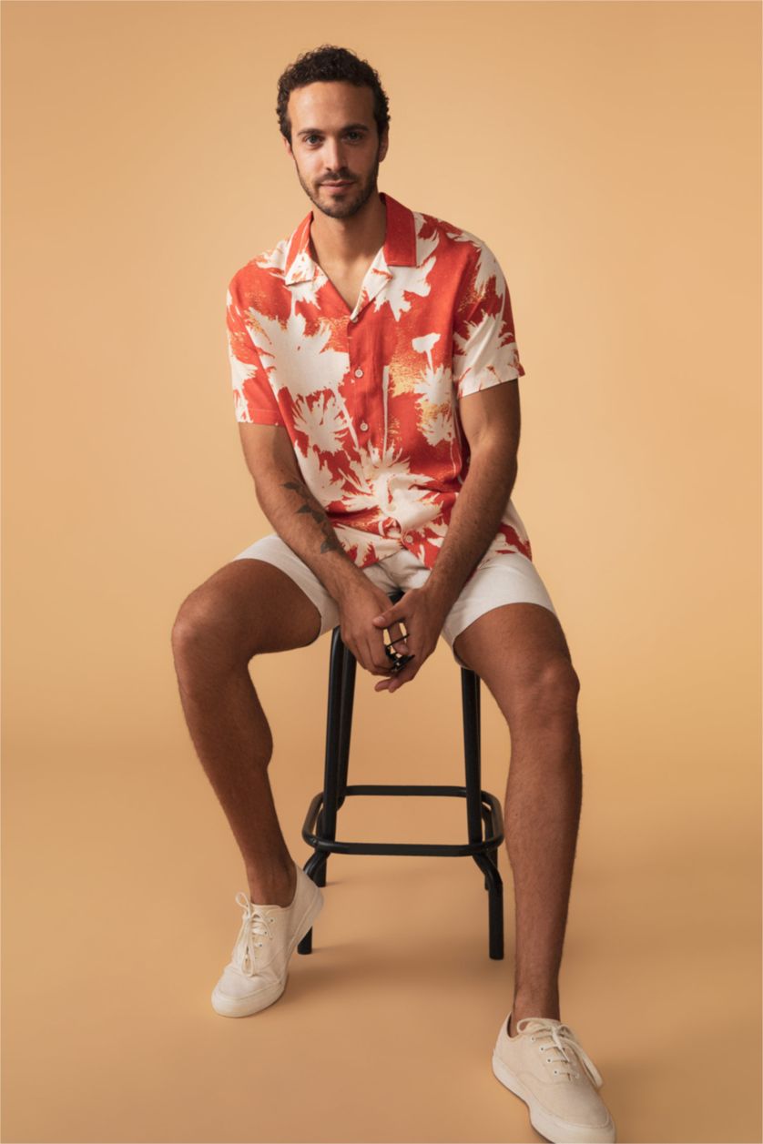 MAN Dark Orange Regular Fit Short Sleeve Palm Print Viscose Shirt