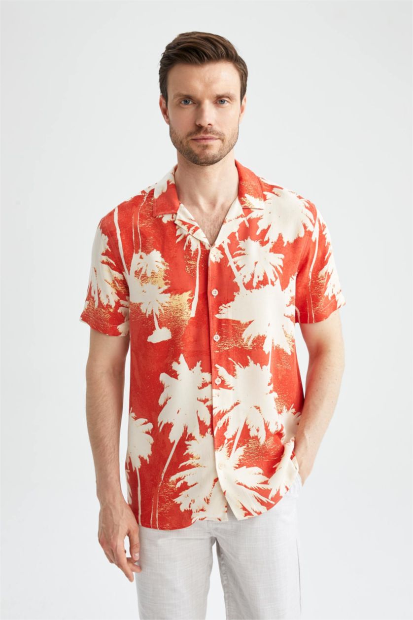 MAN Dark Orange Regular Fit Short Sleeve Palm Print Viscose Shirt