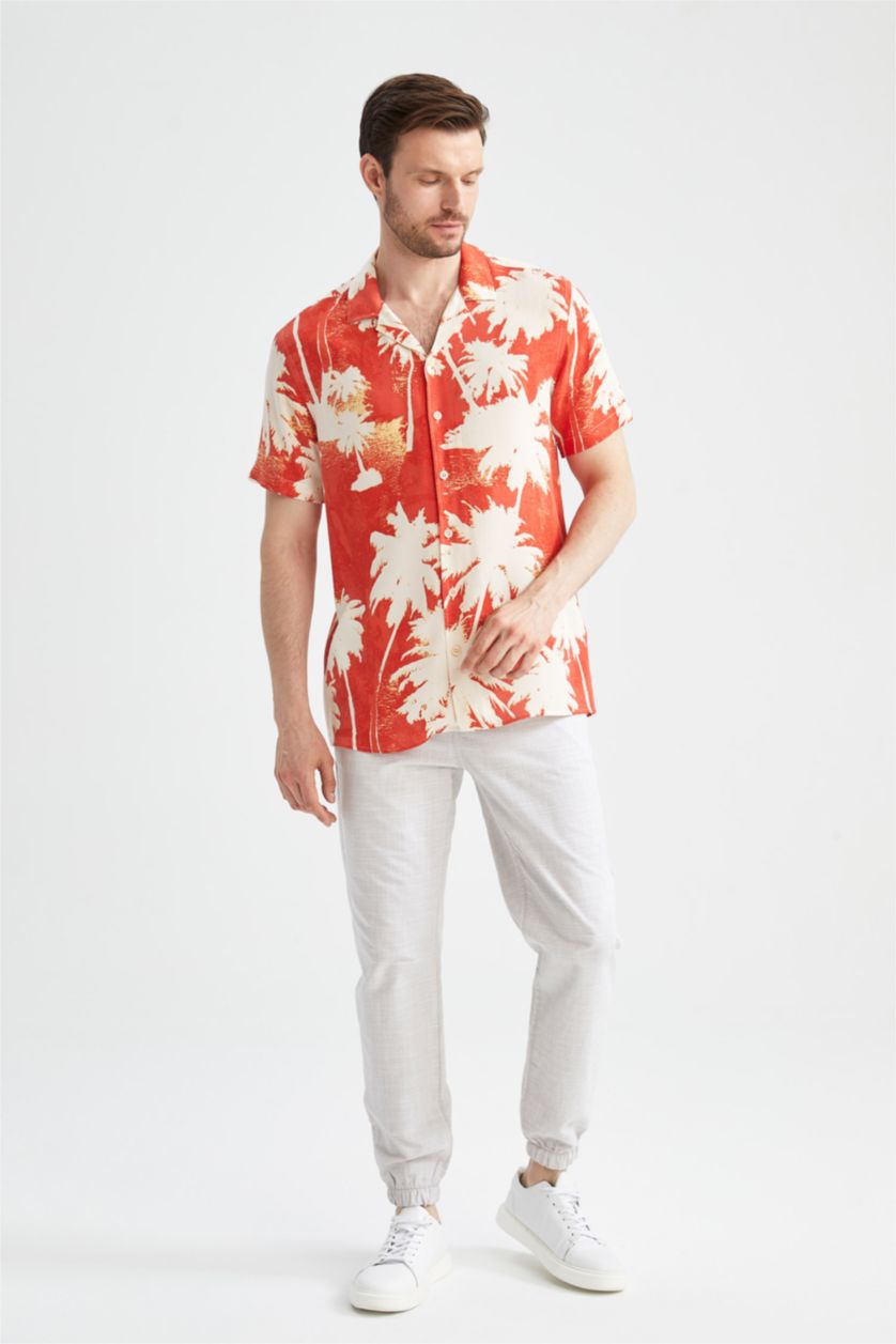MAN Dark Orange Regular Fit Short Sleeve Palm Print Viscose Shirt