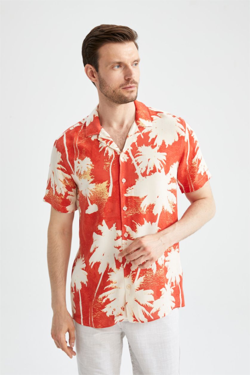 MAN Dark Orange Regular Fit Short Sleeve Palm Print Viscose Shirt