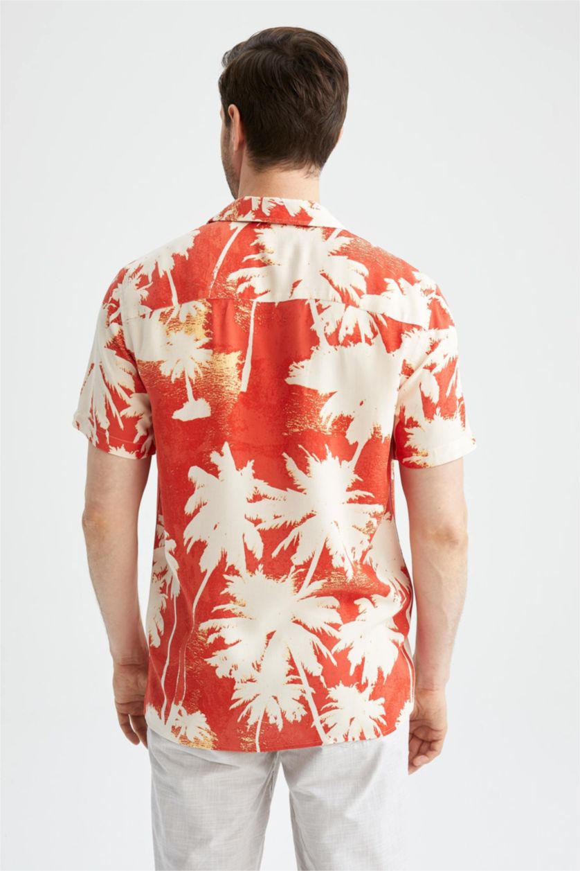 MAN Dark Orange Regular Fit Short Sleeve Palm Print Viscose Shirt