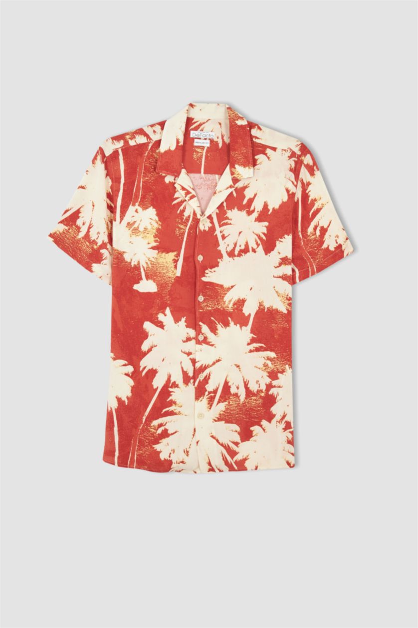 MAN Dark Orange Regular Fit Short Sleeve Palm Print Viscose Shirt