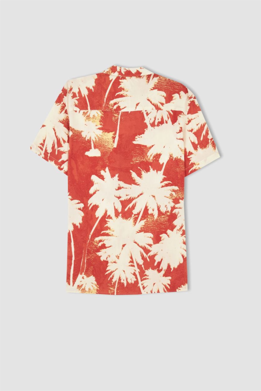 MAN Dark Orange Regular Fit Short Sleeve Palm Print Viscose Shirt