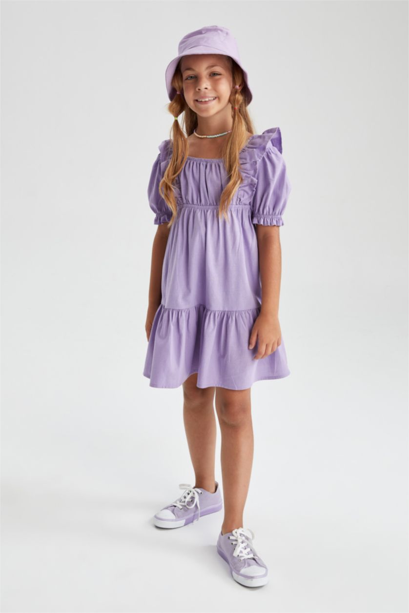 Kız Çocuk - Genç Kız Lila Kız Çocuk Kare Yaka Pamuklu Kısa Kollu Elbise