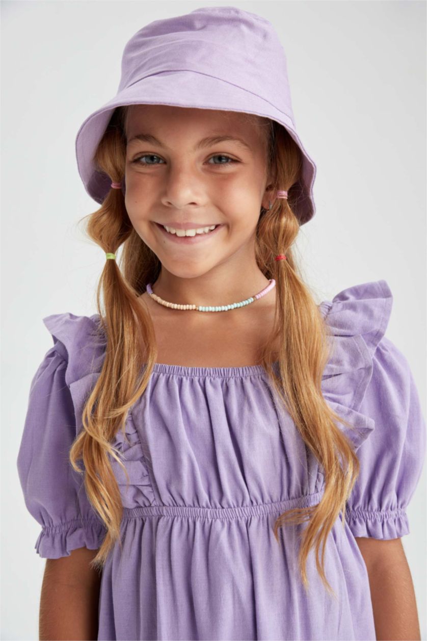 Kız Çocuk - Genç Kız Lila Kız Çocuk Kare Yaka Pamuklu Kısa Kollu Elbise