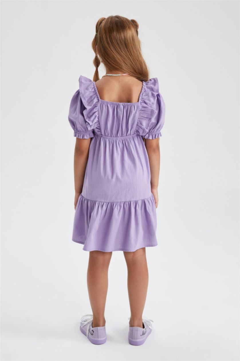 Kız Çocuk - Genç Kız Lila Kız Çocuk Kare Yaka Pamuklu Kısa Kollu Elbise