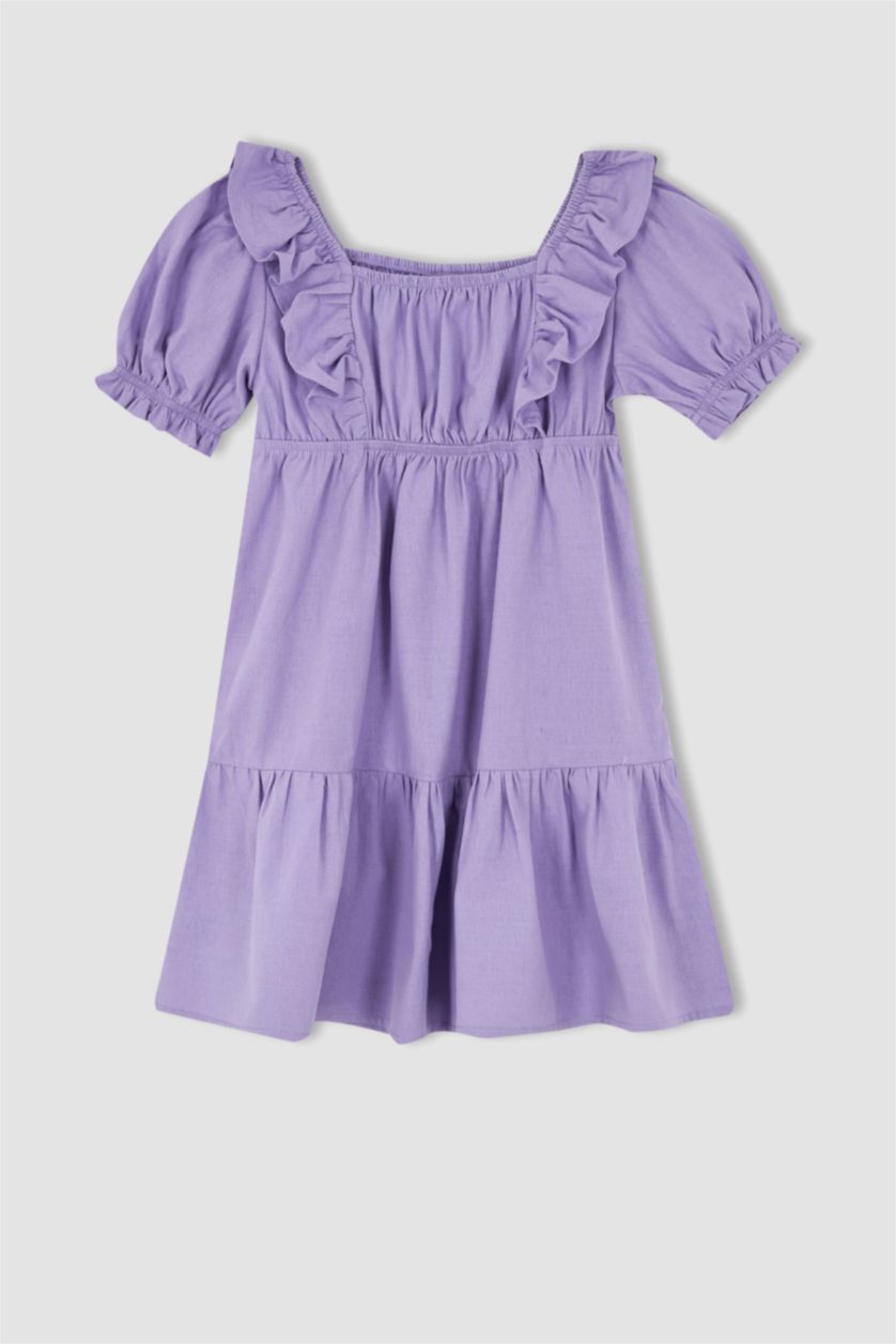 Kız Çocuk - Genç Kız Lila Kız Çocuk Kare Yaka Pamuklu Kısa Kollu Elbise