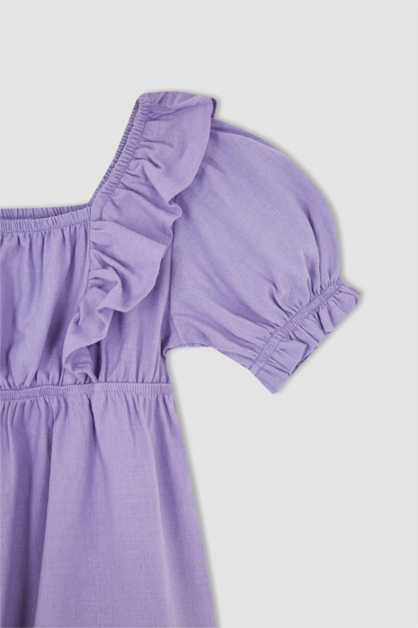 Kız Çocuk - Genç Kız Lila Kız Çocuk Kare Yaka Pamuklu Kısa Kollu Elbise