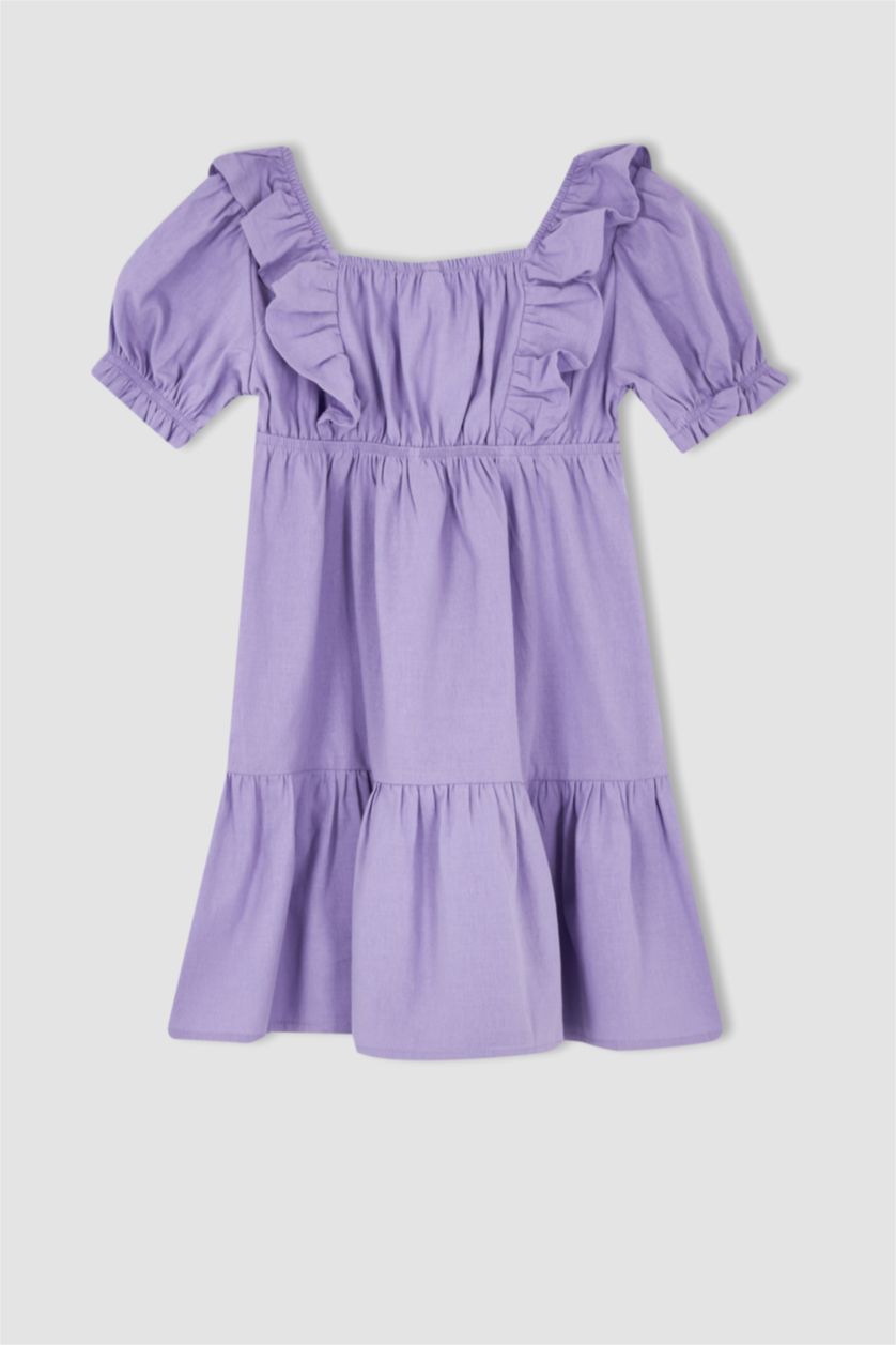 Kız Çocuk - Genç Kız Lila Kız Çocuk Kare Yaka Pamuklu Kısa Kollu Elbise