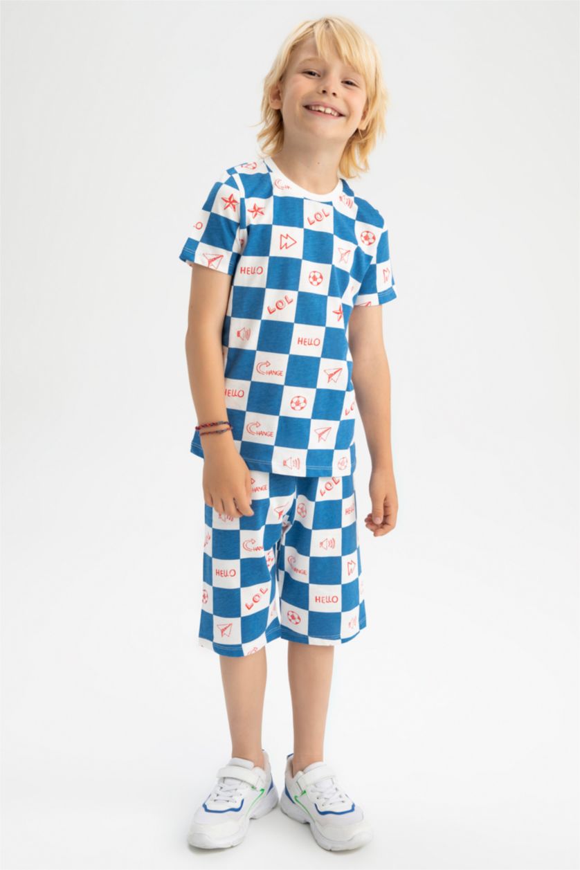 BOYS & TEENS White Boy Regular Fit Short Sleeve Checkers Print Pyjama Set