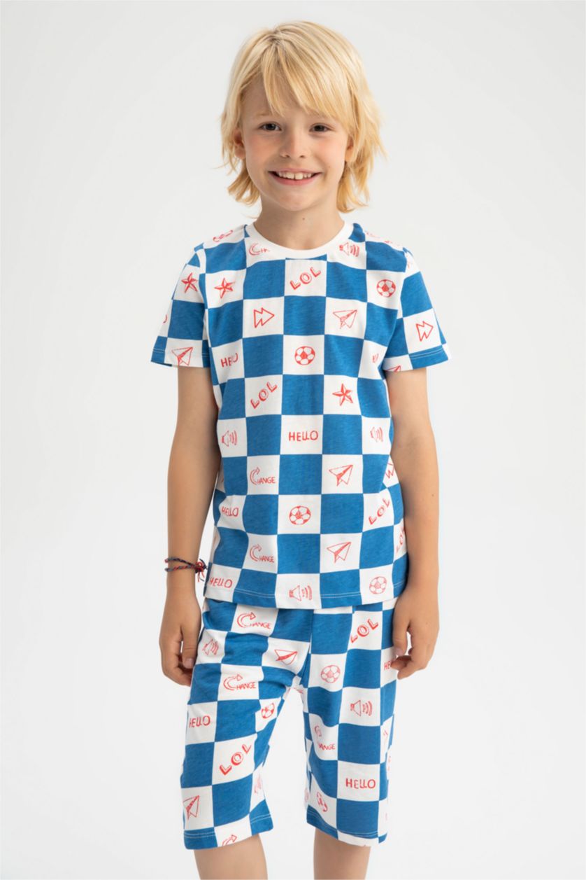 BOYS & TEENS White Boy Regular Fit Short Sleeve Checkers Print Pyjama Set