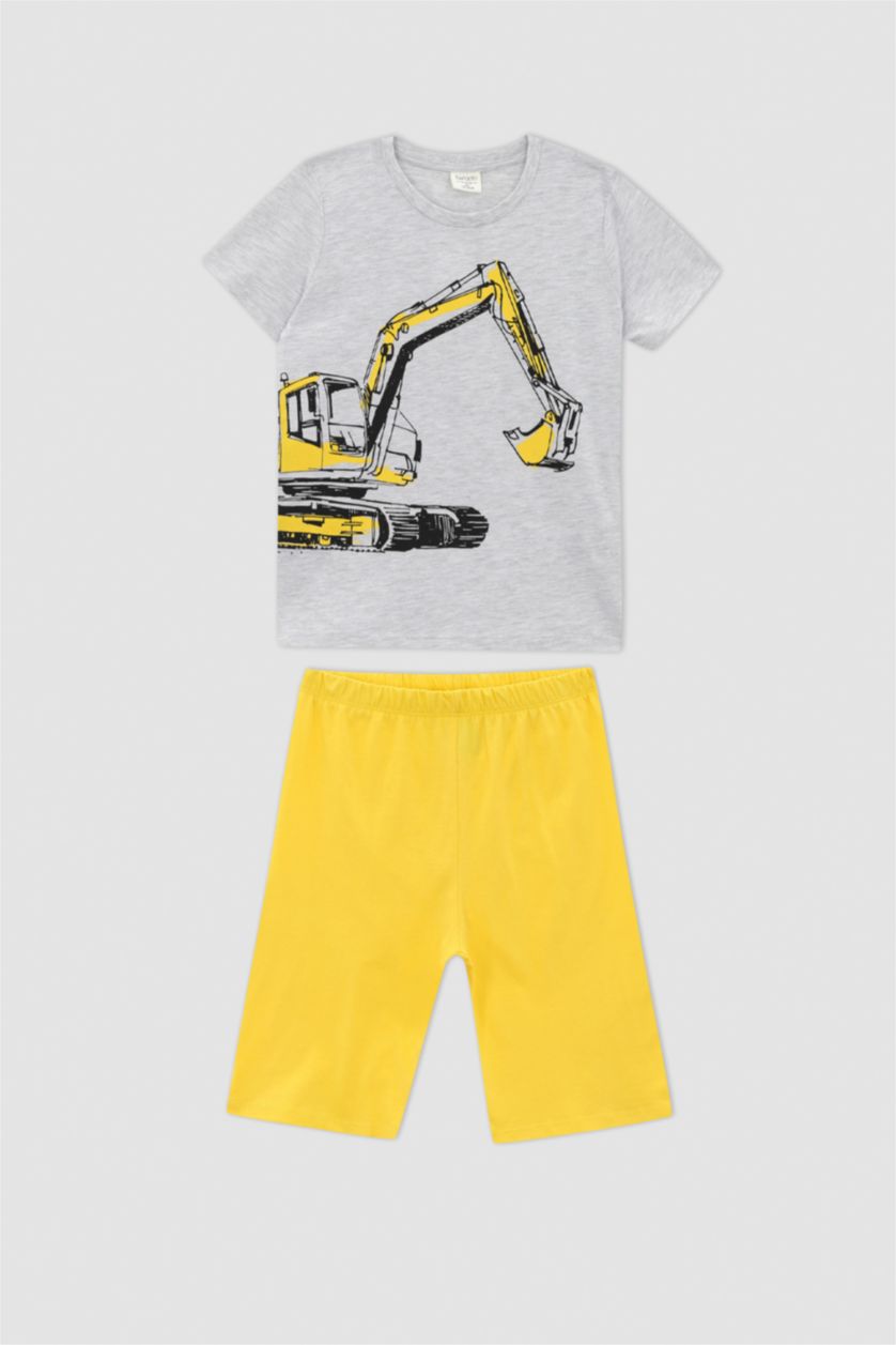Erkek Çocuk - Genç Erkek Optik Gri Melanj Erkek Çocuk İş Makinası Desenli Kısa Kollu Pamuklu Pijama Takım