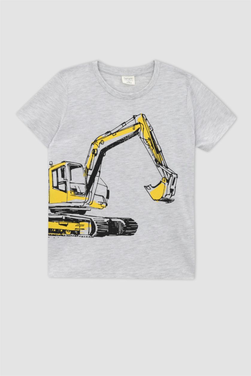 Erkek Çocuk - Genç Erkek Optik Gri Melanj Erkek Çocuk İş Makinası Desenli Kısa Kollu Pamuklu Pijama Takım