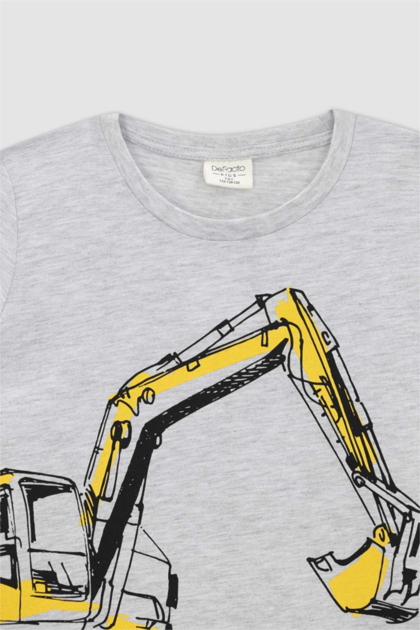 Erkek Çocuk - Genç Erkek Optik Gri Melanj Erkek Çocuk İş Makinası Desenli Kısa Kollu Pamuklu Pijama Takım