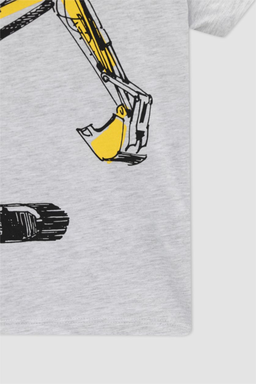 Erkek Çocuk - Genç Erkek Optik Gri Melanj Erkek Çocuk İş Makinası Desenli Kısa Kollu Pamuklu Pijama Takım