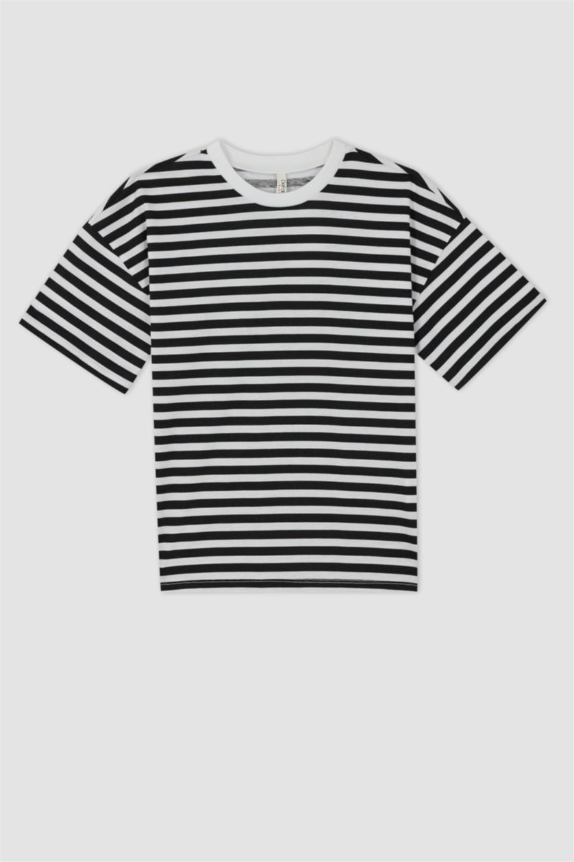 بنات أسود تي شيرت مخطط قطن بأكمام قصيرة وقصة عادية