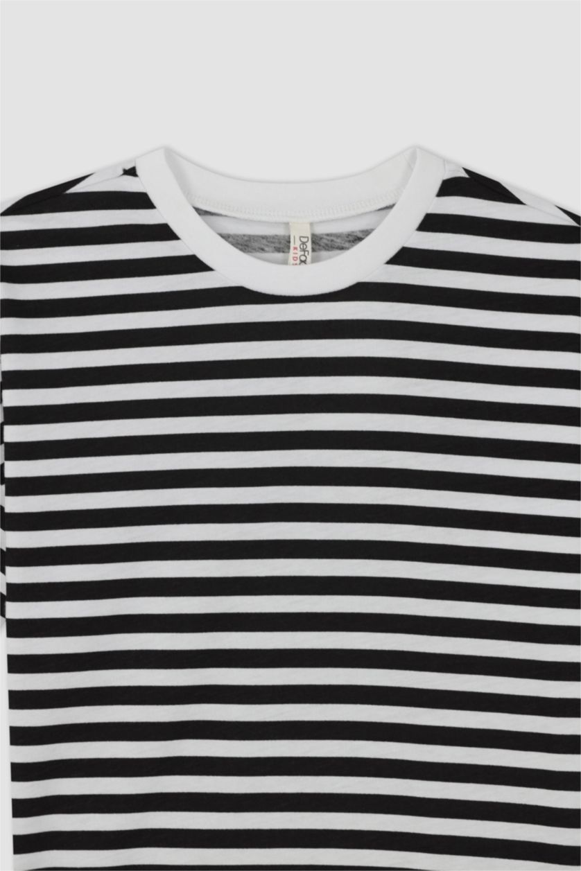 بنات أسود تي شيرت مخطط قطن بأكمام قصيرة وقصة عادية