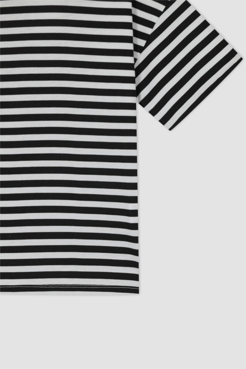 بنات أسود تي شيرت مخطط قطن بأكمام قصيرة وقصة عادية