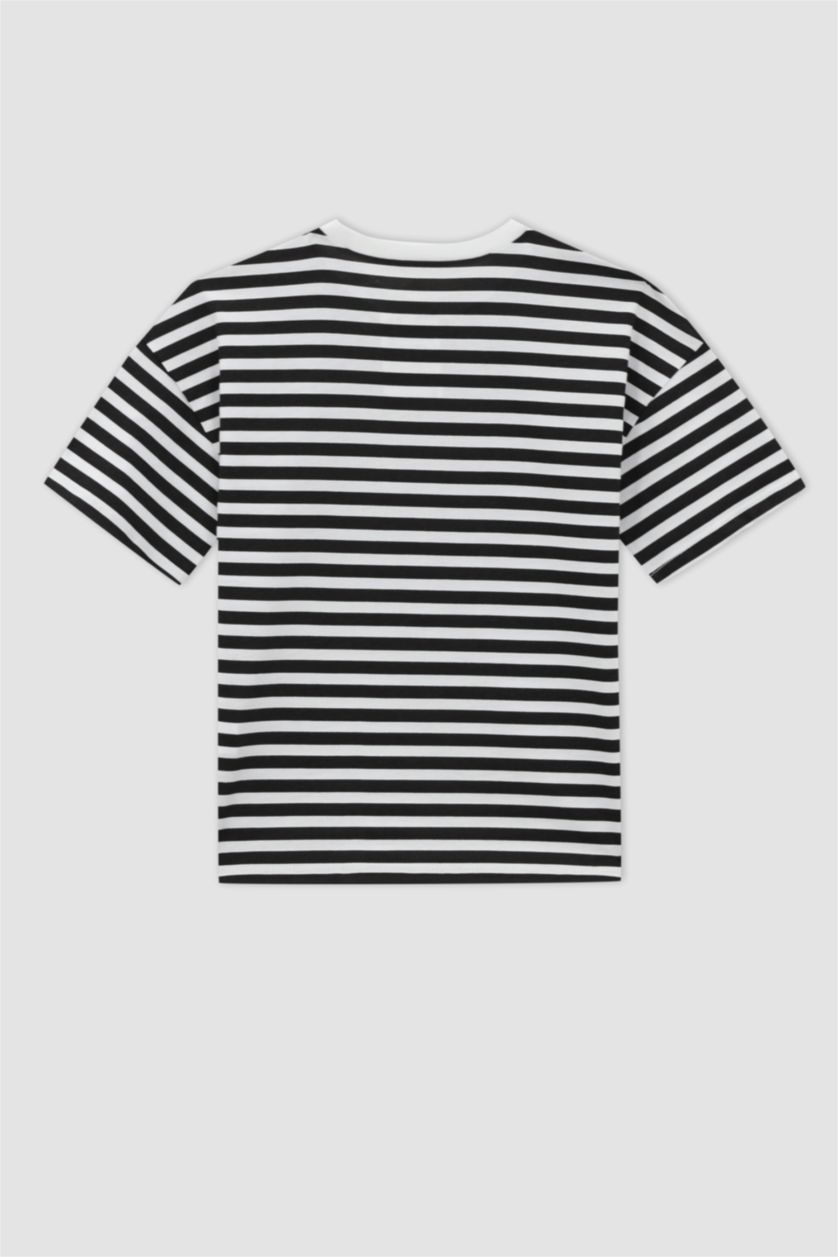 بنات أسود تي شيرت مخطط قطن بأكمام قصيرة وقصة عادية