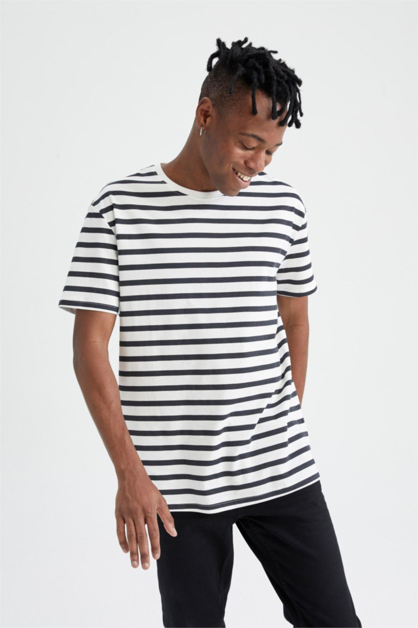 MAN Ecru Regular Fit Crew Neck Striped Short Sleeve T-Shirt