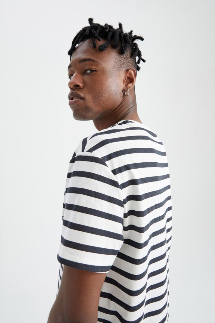 MAN Ecru Regular Fit Crew Neck Striped Short Sleeve T-Shirt