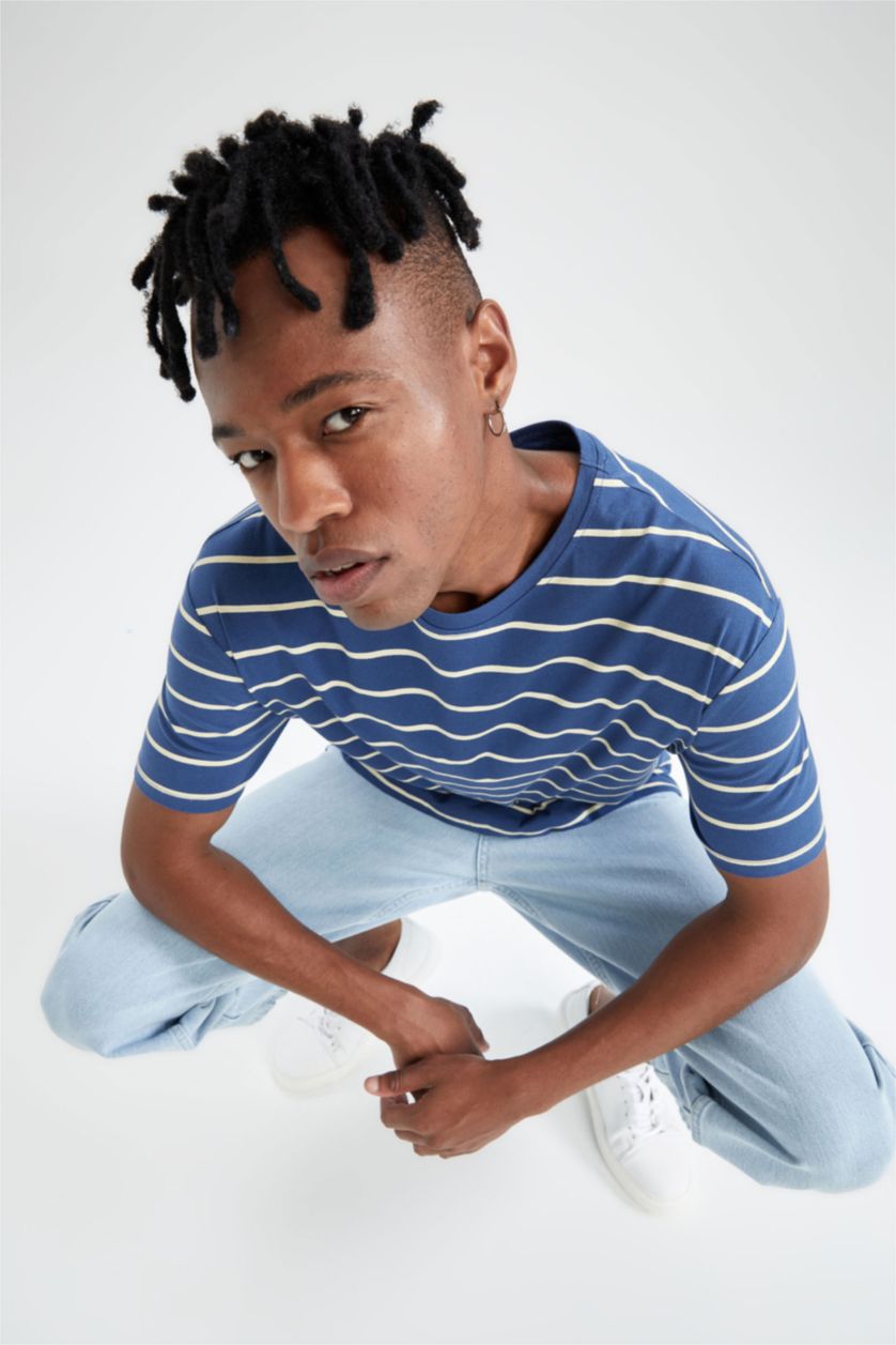 Erkek Mavi Regular Fit Bisiklet Yaka Pamuklu Penye Tişört