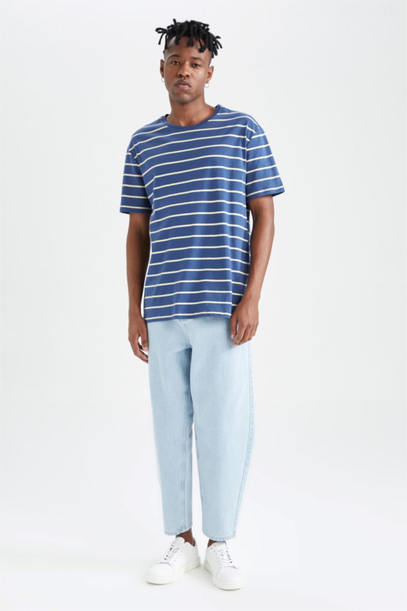 Erkek Mavi Regular Fit Bisiklet Yaka Pamuklu Penye Tişört