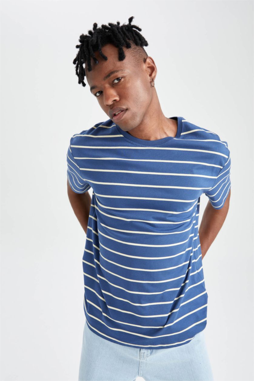 Erkek Mavi Regular Fit Bisiklet Yaka Pamuklu Penye Tişört