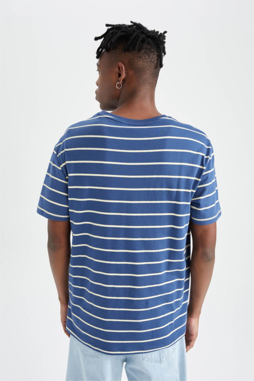 Erkek Mavi Regular Fit Bisiklet Yaka Pamuklu Penye Tişört