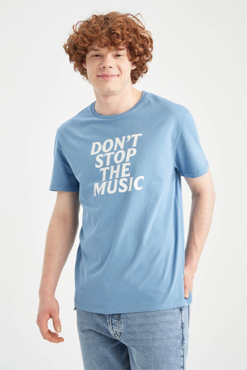 MAN Blue Regular Fit Crew Neck Short Sleeve Slogan Print T-Shirt