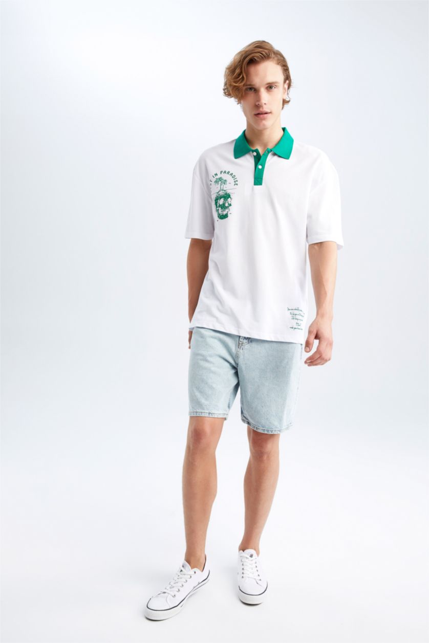 Мужчины Белый Футболка поло квадратного кроя с принтом из хлопка