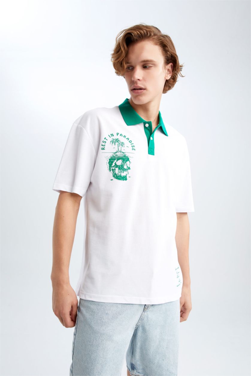 Мужчины Белый Футболка поло квадратного кроя с принтом из хлопка