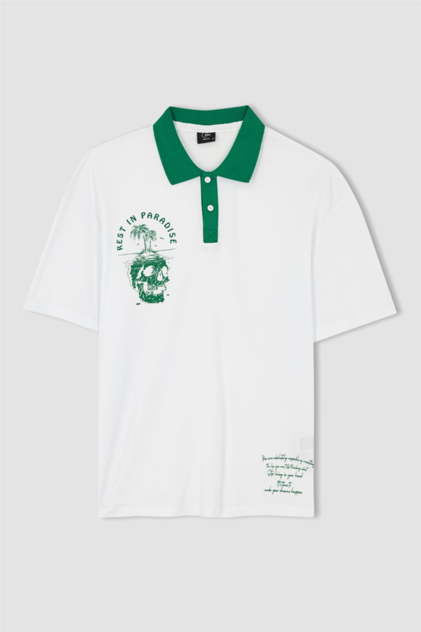 Мужчины Белый Футболка поло квадратного кроя с принтом из хлопка
