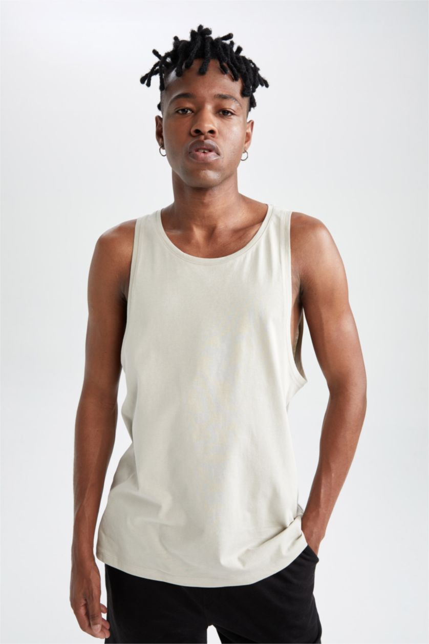 HOMME Beige Débardeur en coton peigné coupe slim à col rond