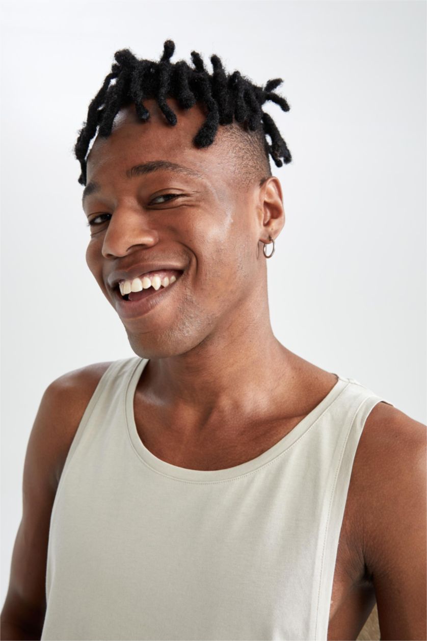 HOMME Beige Débardeur en coton peigné coupe slim à col rond