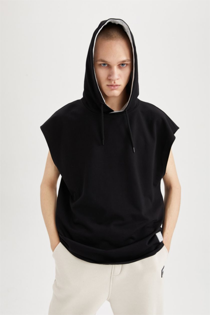 MAN Black Cool Oversize Fit Hooded Kangaroo Pocket Sleeveless T-Shirt