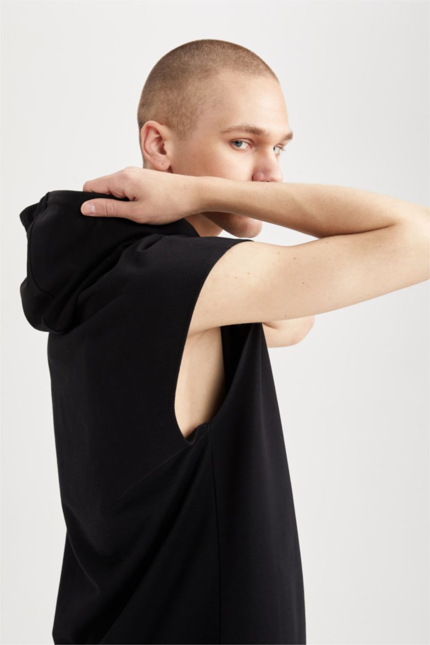 MAN Black Cool Oversize Fit Hooded Kangaroo Pocket Sleeveless T-Shirt