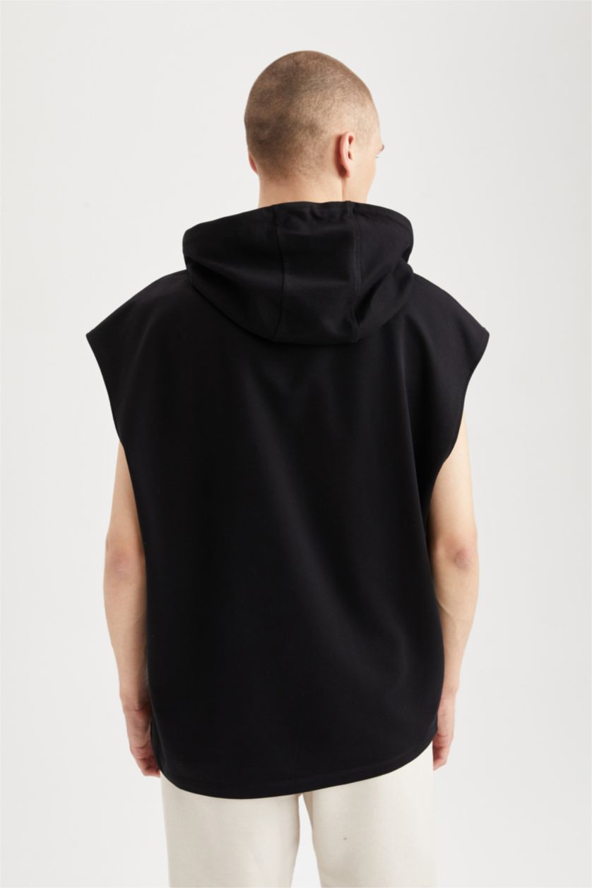 MAN Black Cool Oversize Fit Hooded Kangaroo Pocket Sleeveless T-Shirt
