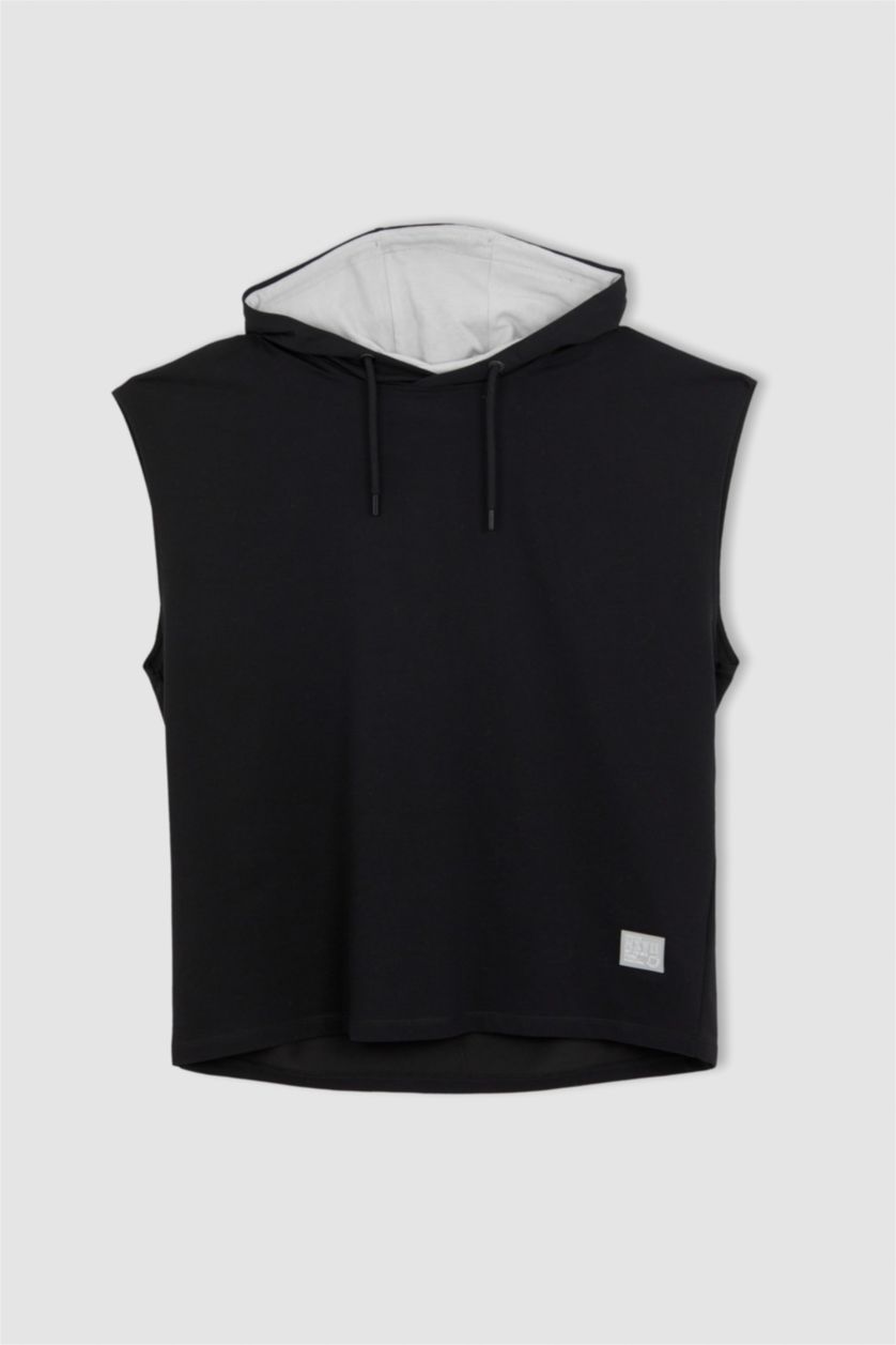 MAN Black Cool Oversize Fit Hooded Kangaroo Pocket Sleeveless T-Shirt
