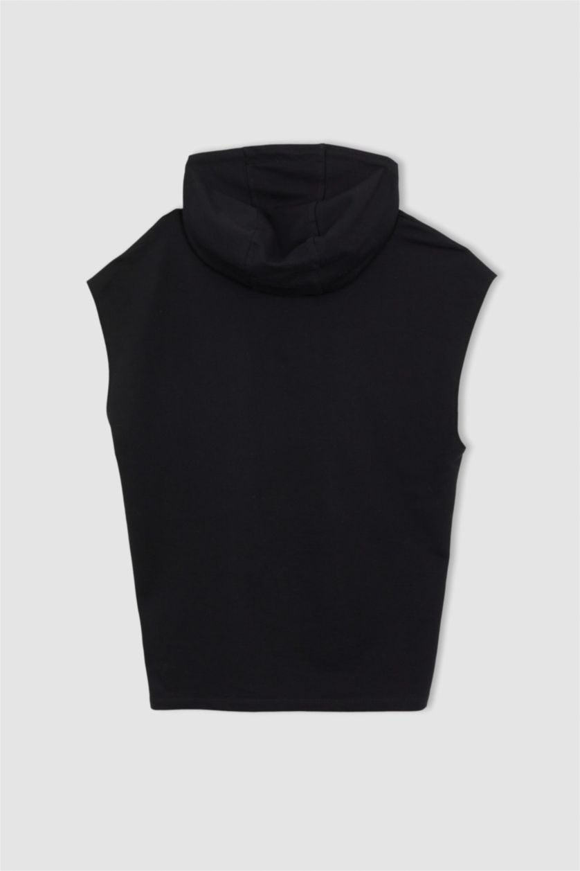 MAN Black Cool Oversize Fit Hooded Kangaroo Pocket Sleeveless T-Shirt