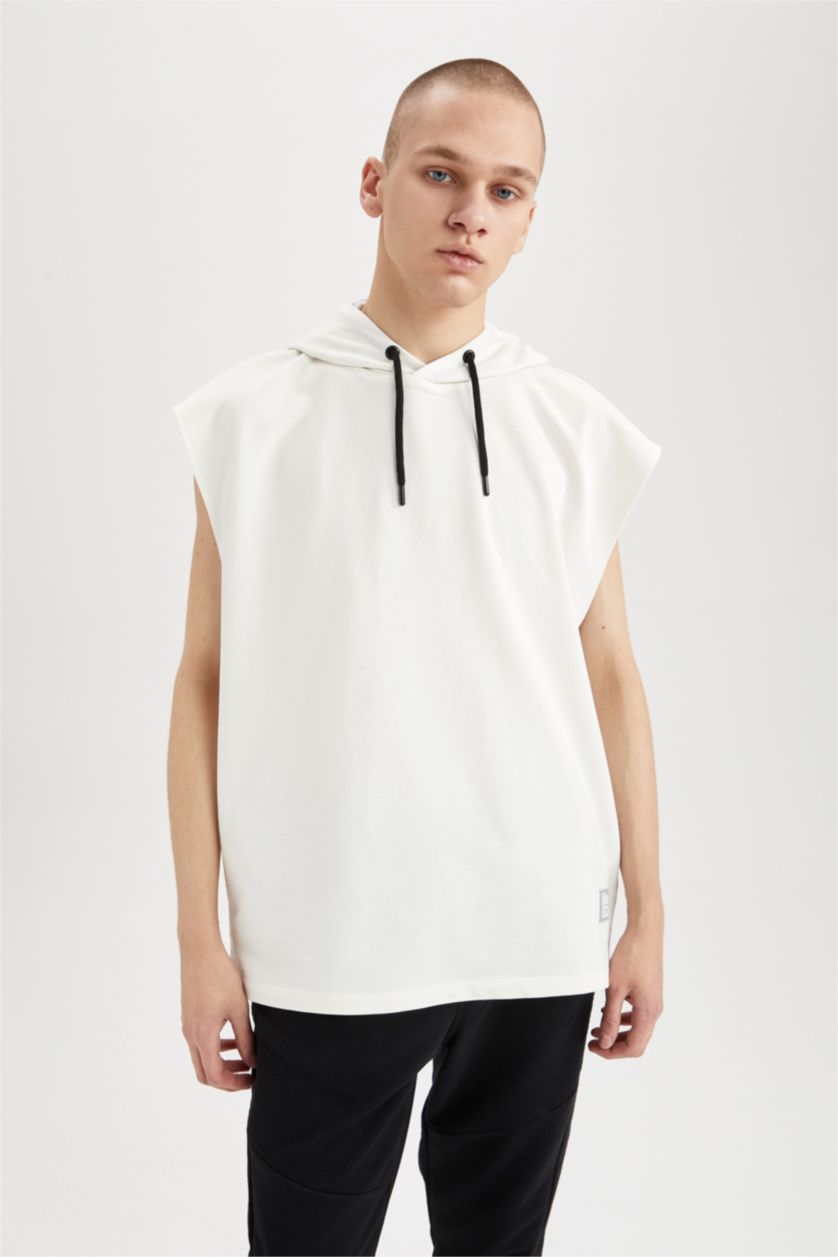 MAN Ecru Coool Oversize Fit Hooded Kangaroo Pocket Sleeveless Cotton Combed T-Shirt