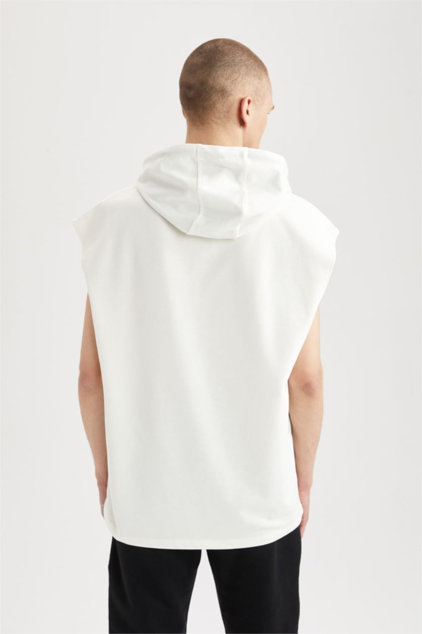 MAN Ecru Coool Oversize Fit Hooded Kangaroo Pocket Sleeveless Cotton Combed T-Shirt