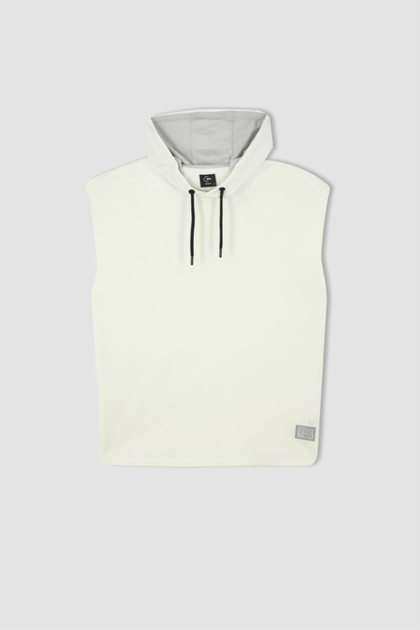 MAN Ecru Coool Oversize Fit Hooded Kangaroo Pocket Sleeveless Cotton Combed T-Shirt