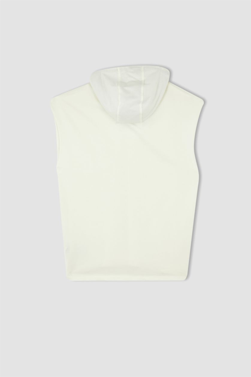 MAN Ecru Coool Oversize Fit Hooded Kangaroo Pocket Sleeveless Cotton Combed T-Shirt