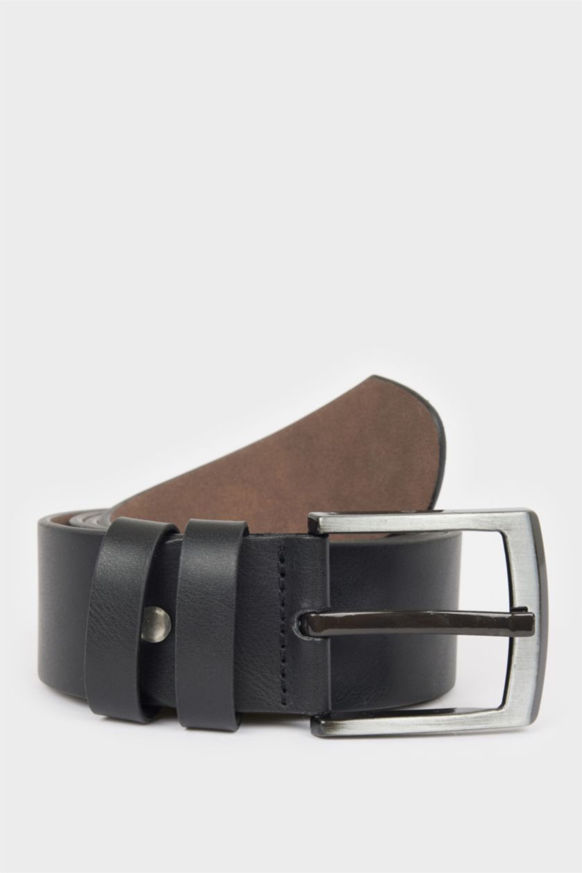 Man Black Man Rectangle Clasp Faux Leather Denim Belt