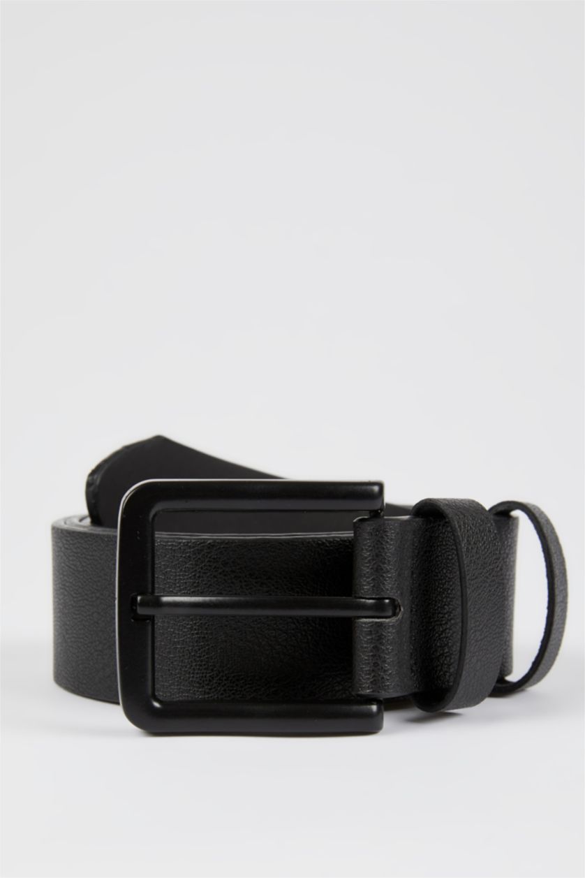 Man Black Men's Rectangle Buckle Faux Leather Belt