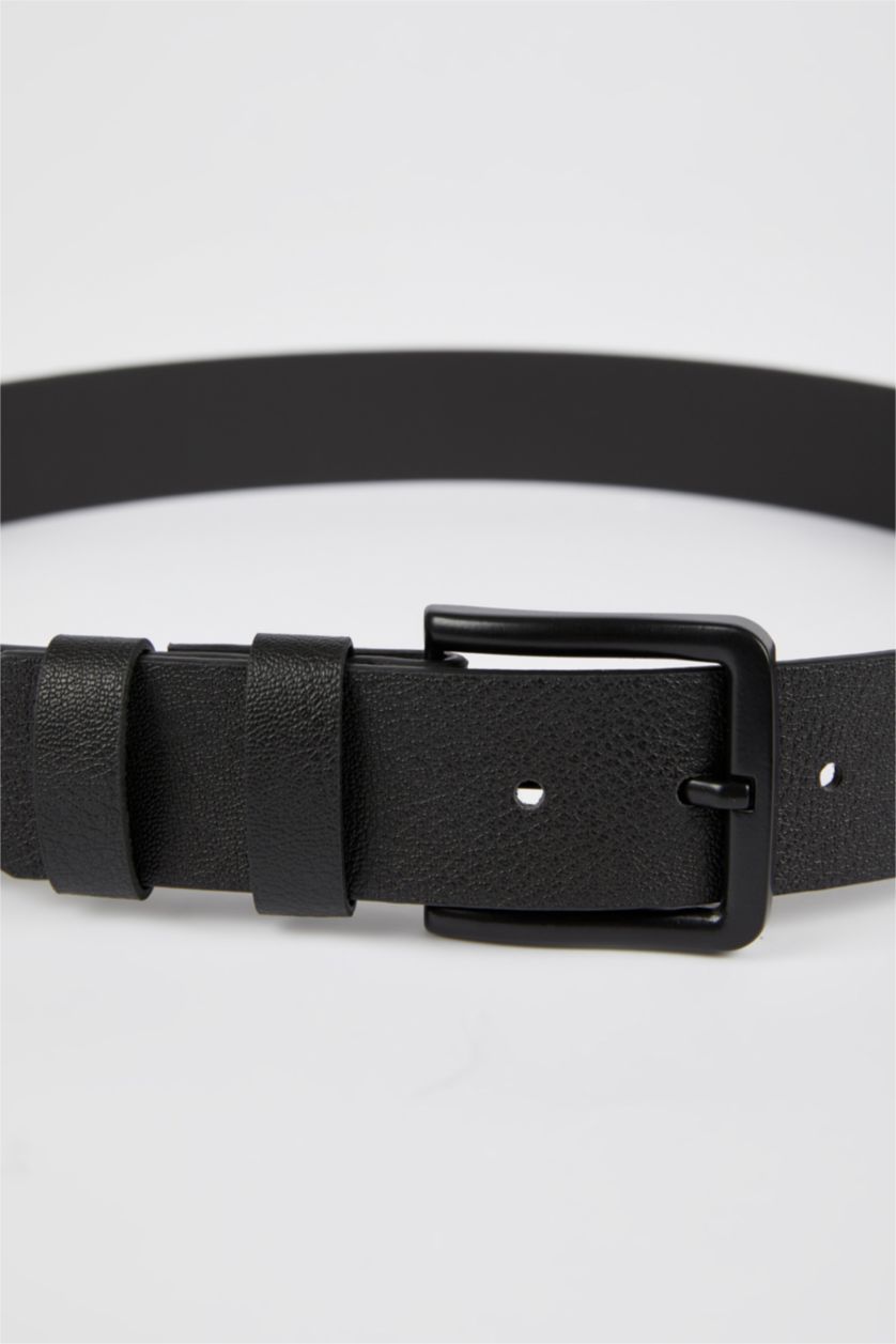 Man Black Men's Rectangle Buckle Faux Leather Belt