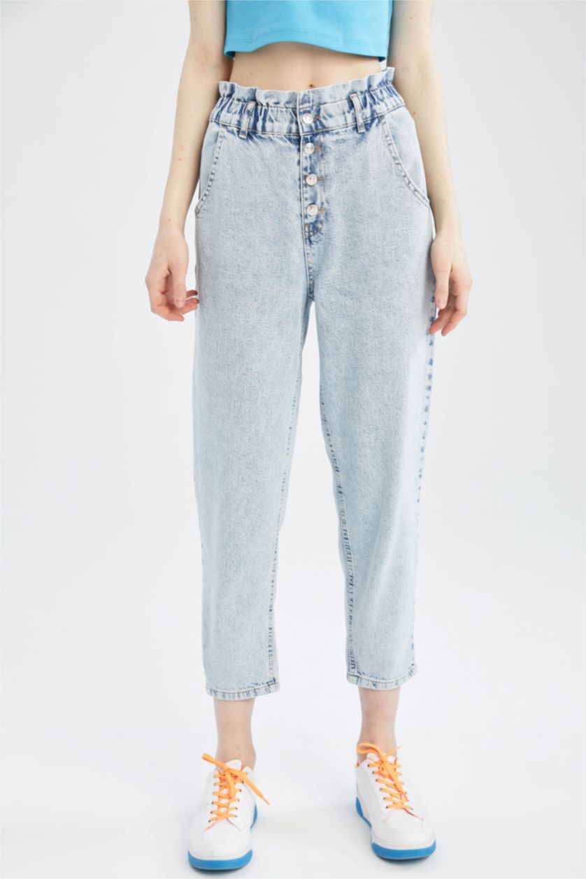 WOMAN Light Blue High Waist Paperbag Fit Trousers